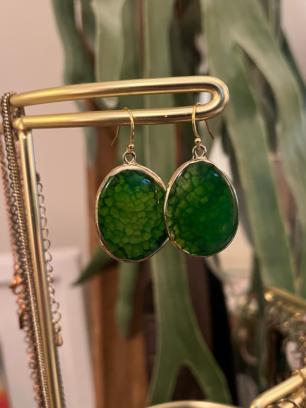 Green Oval Drop Earrings with Gold Frame